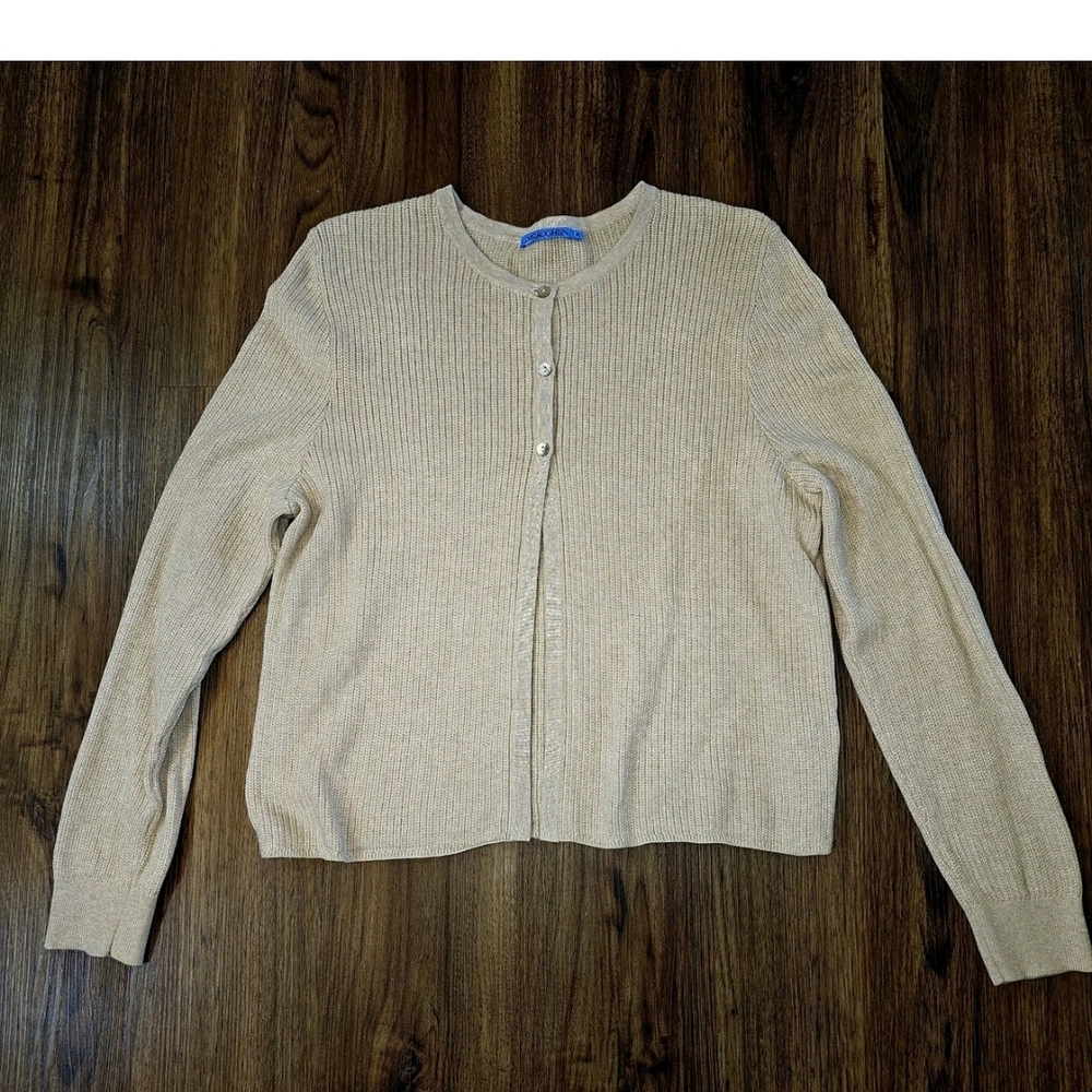 J McLaughlin Beige Cream 3 Button Cardigan XL Heritage Preppy Timeless Minimal